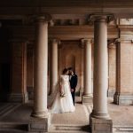 bride and groom on the historic grounds of Italian wedding venue Villa Imperiale