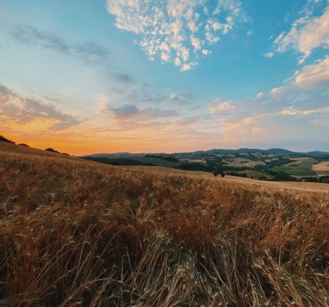 View out over the surrounding hilly landscape during sunset from Italian country house wedding venue Le Stonghe