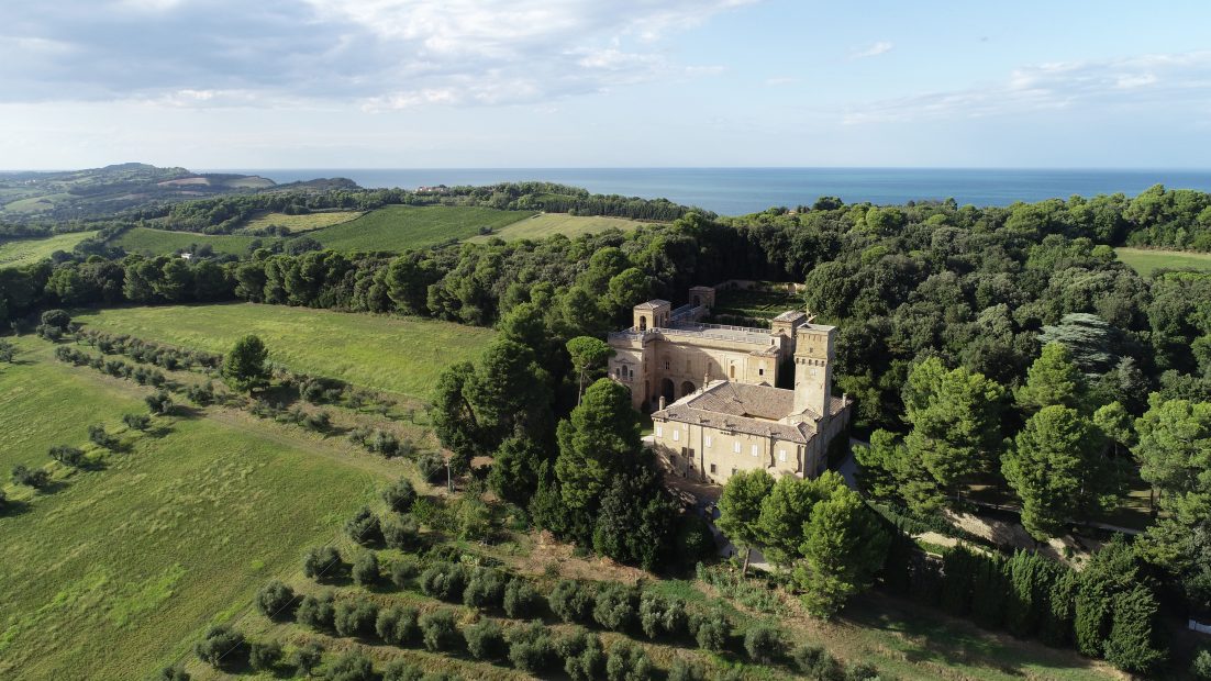 aerial view of Italian wedding venue Villa Imperiale surrounded by green countryside