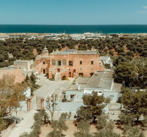 Aerial shot of masseria spina one of the best wedding venues in italy