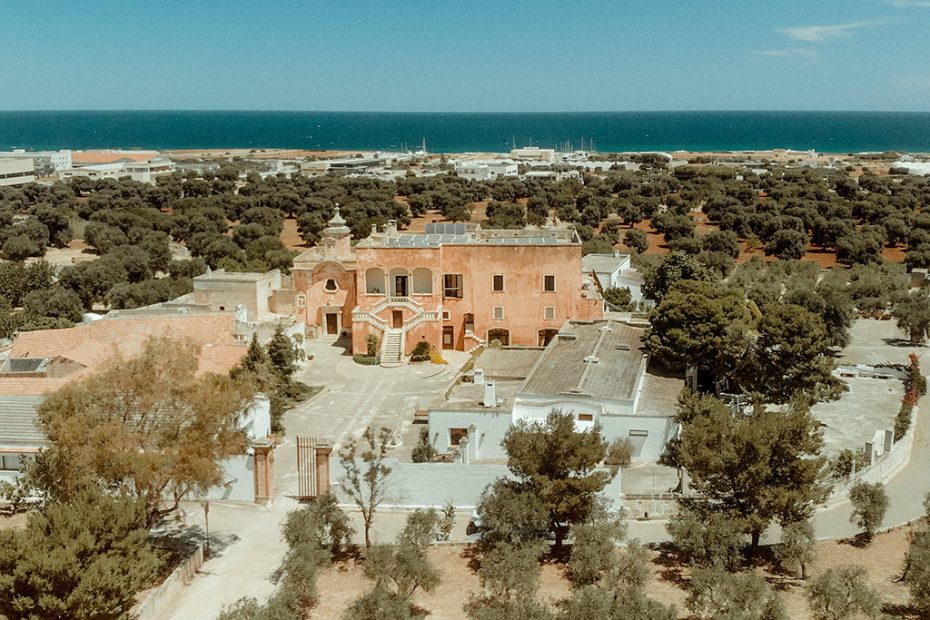 Aerial shot of masseria spina one of the best wedding venues in italy