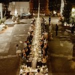 long rectangular dining table in the evening at Italian wedding venue masseria spina