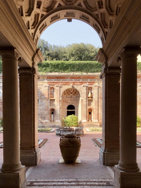 View through the cloisters at Italian wedding venue Villa Imperiale Pesaro