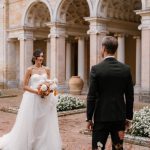 bride and groom first look at historic Italian wedding venue Villa Imperiale