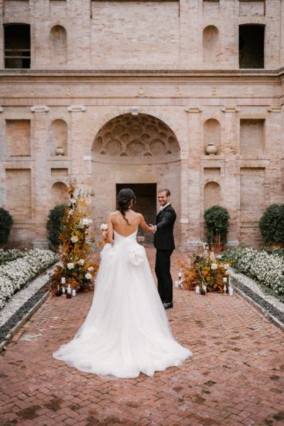 Bride and groom intimate wedding ceremony at Italian wedding venue Villa Imperiale