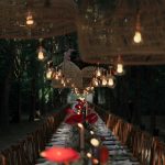 rattan hanging lights over wedding table at Italian wedding venue convento dell'Annunciata