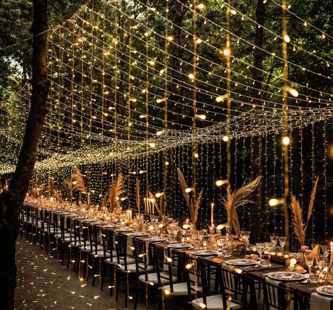 long rectangular tables in the forest at Italian wedding venue convento dell'Annunciata