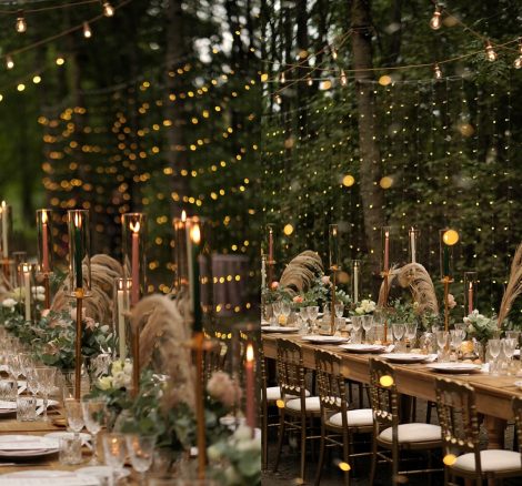wooden long rectangular wedding tables laid up in the forest at Italian wedding venue convent dell'Annunciata