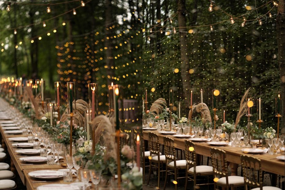 wooden long rectangular wedding tables laid up in the forest at Italian wedding venue convent dell'Annunciata