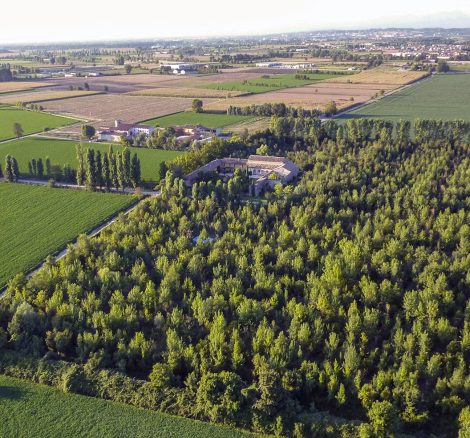 zoomed out aerial shot of Italian wedding venue convento dell'Annunciata surrounded by forestry