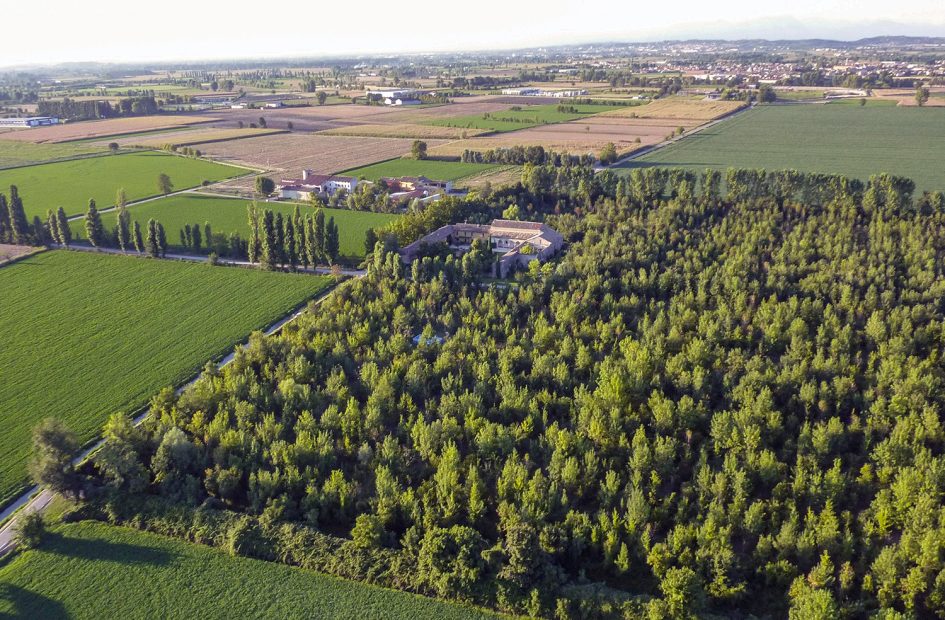 zoomed out aerial shot of Italian wedding venue convento dell'Annunciata surrounded by forestry