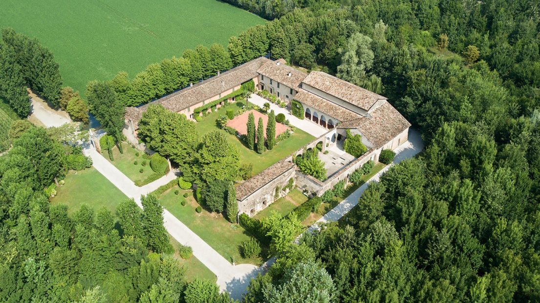 aerial shot above Italian wedding venue convent dell'Annunciata