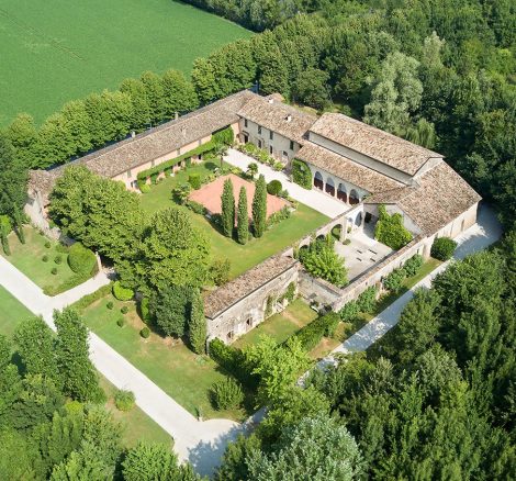aerial shot above Italian wedding venue convent dell'Annunciata