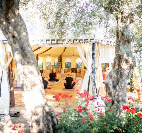 outdoor marquee with yoga class at exclusive wedding venue in Mallorca Ca's Xorc