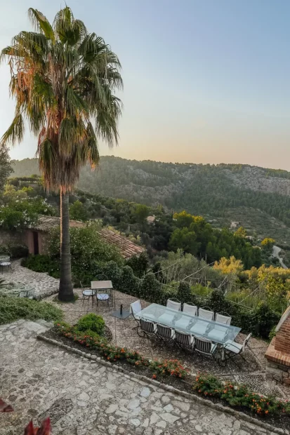 tall palm and views across Mallorca countryside at Mallorca wedding venue ca's xorc in soller