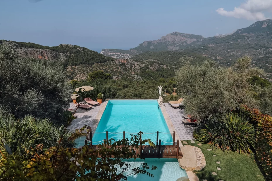 infinity pool and views over unesco heritage site at Mallorca wedding venue ca's xorc in soller