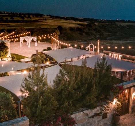 fairy lights at sundown over the whole site at wedding venue in Cyprus liopetro