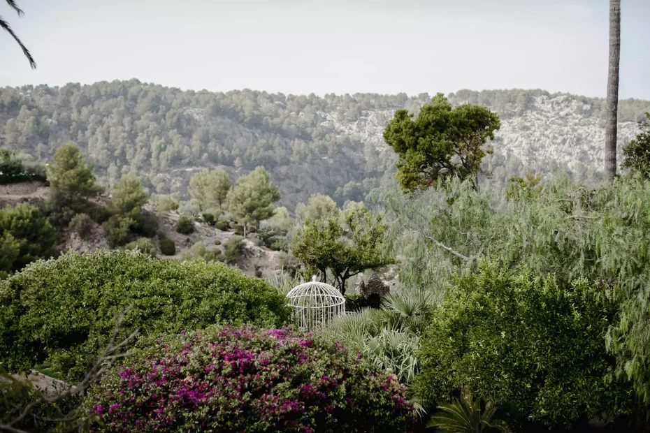 surrounding rolling hills and birdcage at luxury wedding venue ca's xorc in mallorca