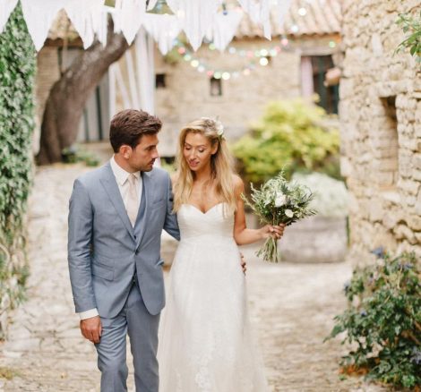 bride and groom walking hand in hand at le grand banc luxury destination wedding venue in france