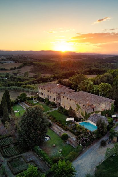 aerial view over at wedding venue in Tuscany Italy Borgo Stomennano
