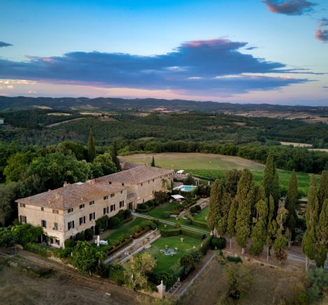 aerial view overhead at wedding venue in Tuscany Italy Borgo Stomennano