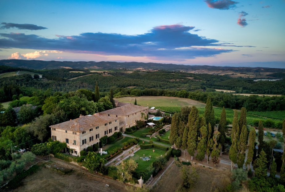 aerial view overhead at wedding venue in Tuscany Italy Borgo Stomennano