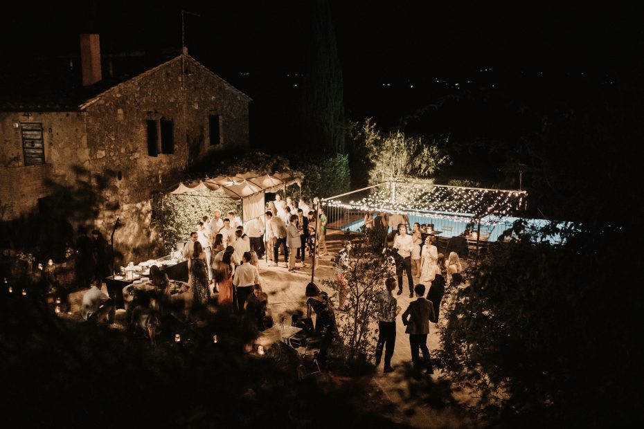 evening wedding party outdoors at wedding venue in Tuscany Italy Borgo Stomennano