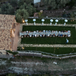 aerial view above long wedding table at wedding venue Borgo Castello Panicaglia