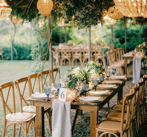 hanging boho chandeliers over tables at wedding venue villa in corfu Greece at villa Sylva