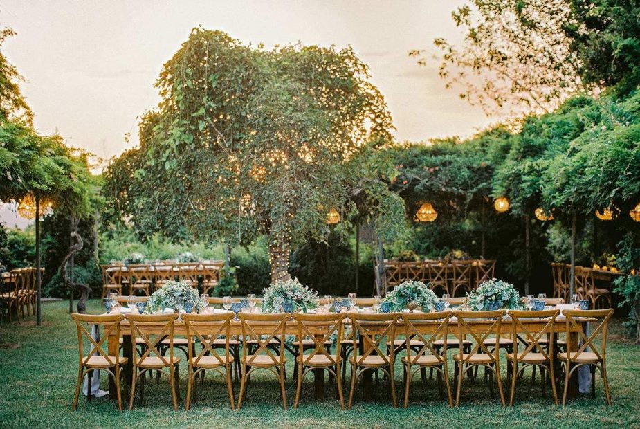rustic wedding tables at wedding venue villa in corfu Greece at villa Sylva