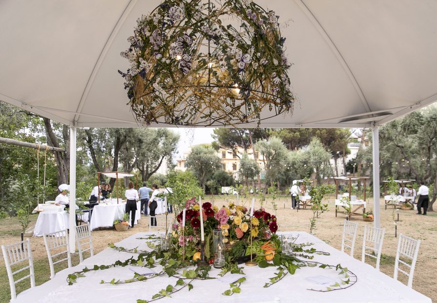 wedding tables prepared at historical private villa wedding venue in Sorrento Italy villa zagara