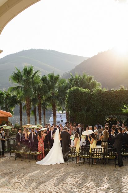 ceremony at sundown outside by the Douro river wedding venue the vintage house hotel portugal