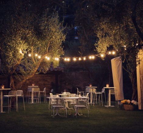 fairy lights over wedding tables at historical private villa wedding venue in Sorrento Italy villa zagara