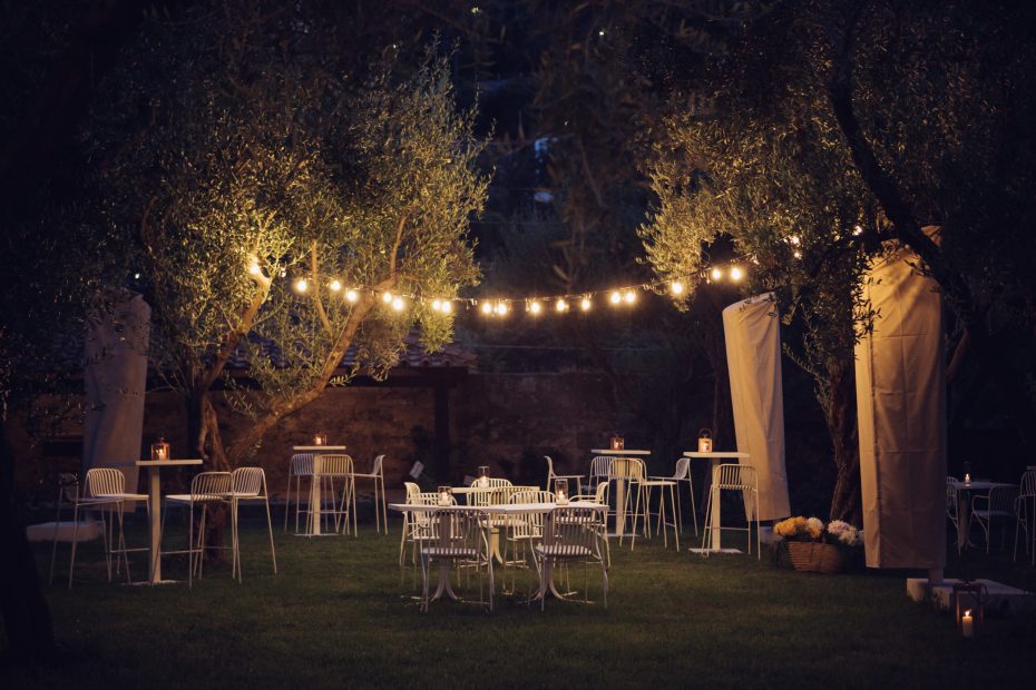 fairy lights over wedding tables at historical private villa wedding venue in Sorrento Italy villa zagara