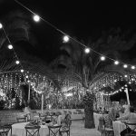 black and white image of twedding reception tables set up at ibiza wedding venue kazamor ibiza