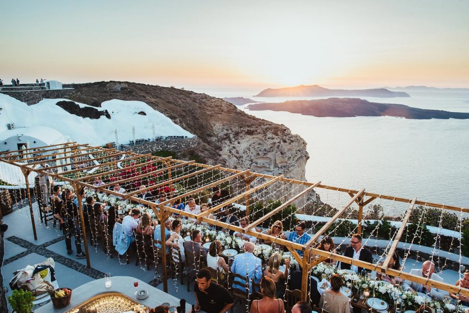 sea view during wedding breakfast at wedding venue in Santorini venetsanos winery