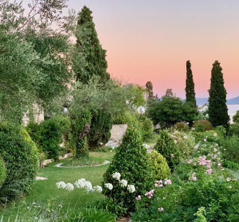 sunset view of gardens at wedding venue villa in corfu Greece at villa Sylva