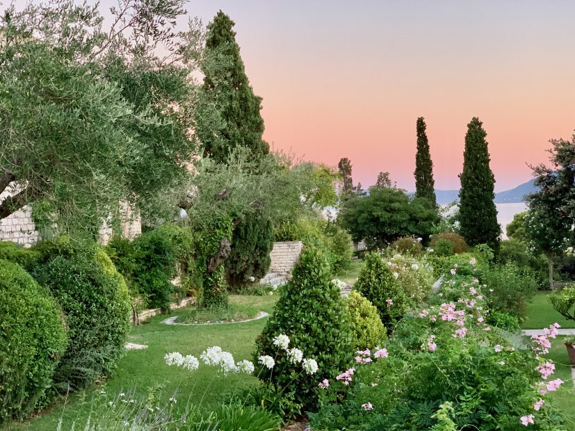 sunset view of gardens at wedding venue villa in corfu Greece at villa Sylva