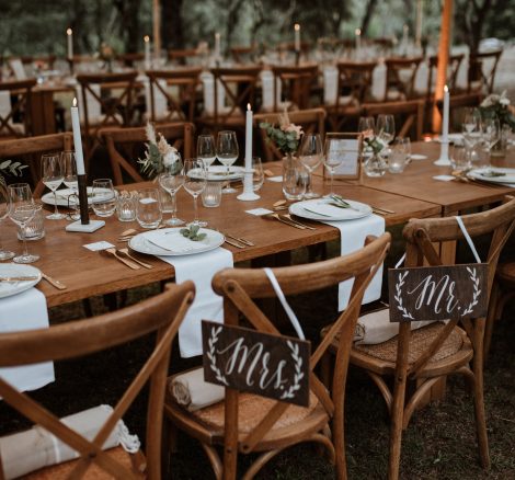 mr and mrs signs on wooden chairs at wedding venue in france provence