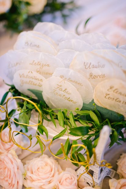 table place names on oyster shells at historical private villa wedding venue in Sorrento Italy villa zagara