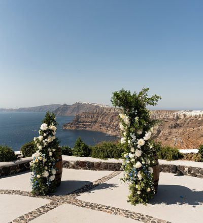 floral arch alternative at wedding venue in Santorini venetsanos winery
