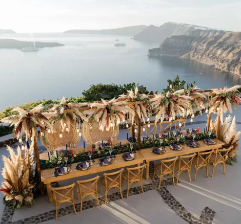 boho wedding tables for intimate wedding at wedding venue in Santorini venetsanos winery