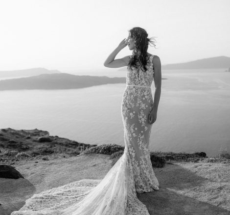bride in stunning gown at wedding venue in Santorini venetsanos winery