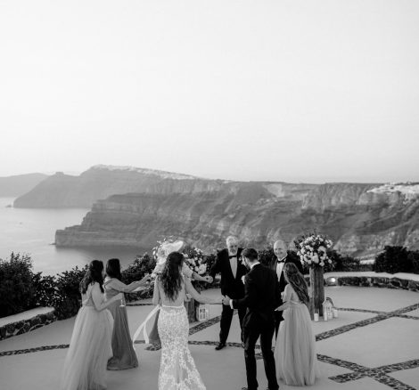 wedding guests at wedding venue in Santorini venetsanos winery