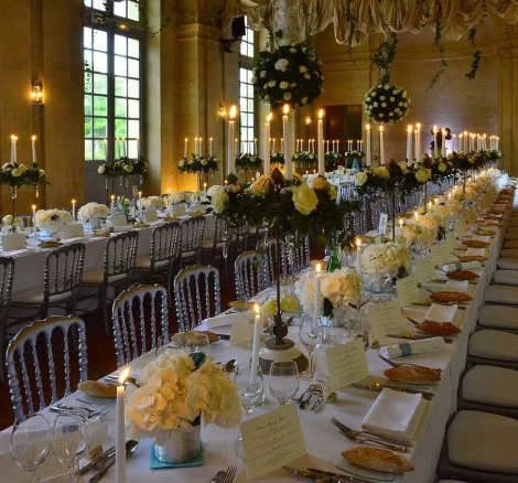 long wedding table arrangement at chateau wedding venue in france chateau de vallery