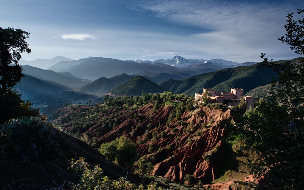 view of the atlas mountains from unique wedding venue in morocco kasbah bab ourika