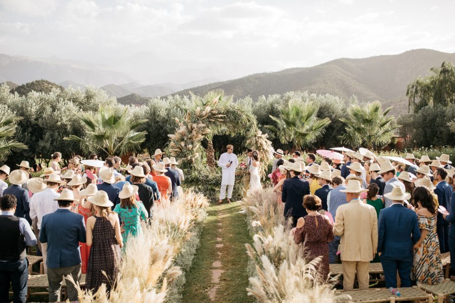 wedding ceremony outdoors at unique wedding venue in morocco kasbah bab ourika