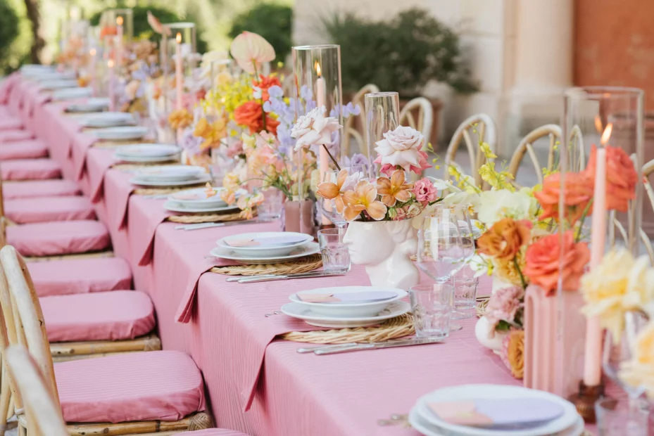 wedding table pink and orange and yellow at wedding venue in tuscany villa lena