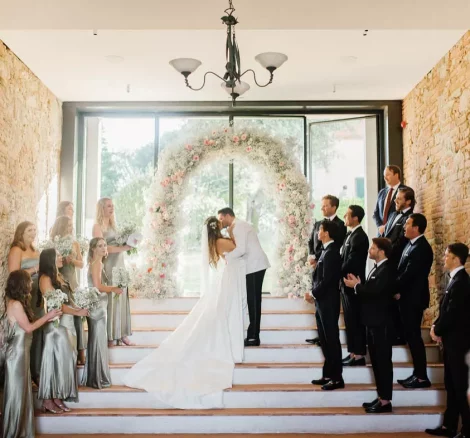 bride and groom wedding ceremony at wedding venue in tuscany villa lena