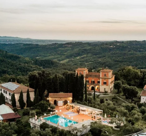 aerial shot above tuscany wedding venue villa lena